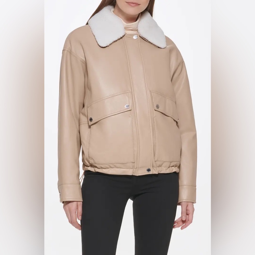 NWT KENNETH COLE NEW YORK BATWING FAUX SHEARLING COLLARED FAUX LEATHER COAT